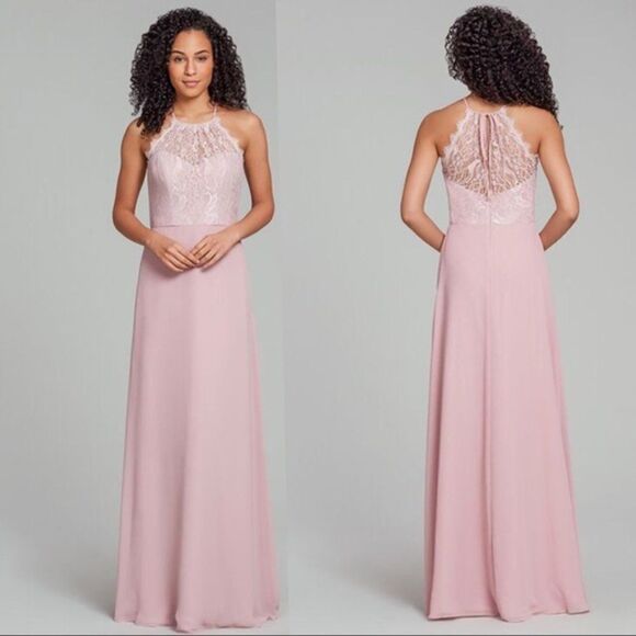 Hayley Paige 5861 Chiffon A-Line Lace-Detail Halter Gown size 14 in Dusty Rose. - Picture 1 of 14